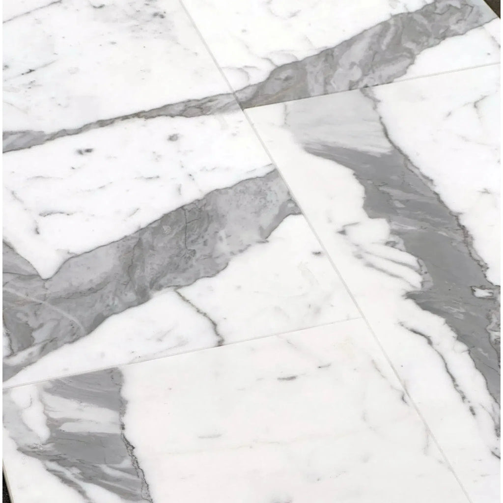 White marble floor tiles with gray veining from Statuary-Statuario White 6X12 Italian Marble