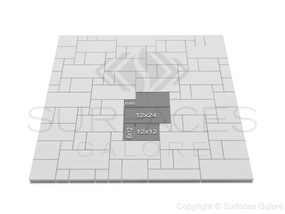 A digital image of a floor tile pattern layout showing various tile sizes. The sizes include 6x6, 12x12, 12x24, and 6x12. The design is a mix of different rectangular and square tiles arranged in a grid. The image includes a watermark: "Surfaces Galore.