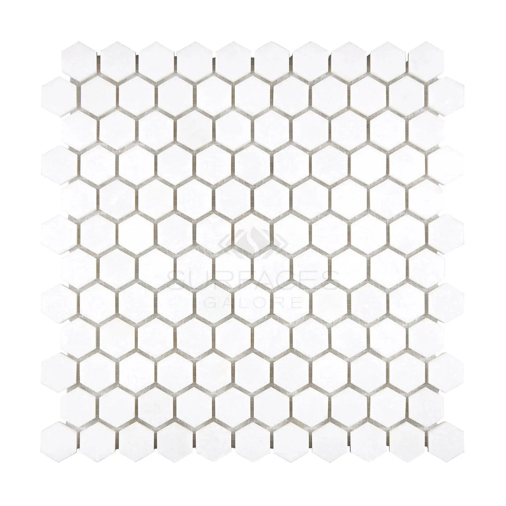 White hexagonal tile mosaic of Thassos White 1 inch Marble Polished or Honed