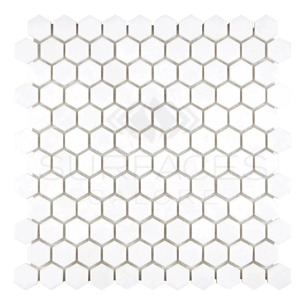 White hexagon mosaic tile sheet of Thassos White 1 inch polished or honed marble