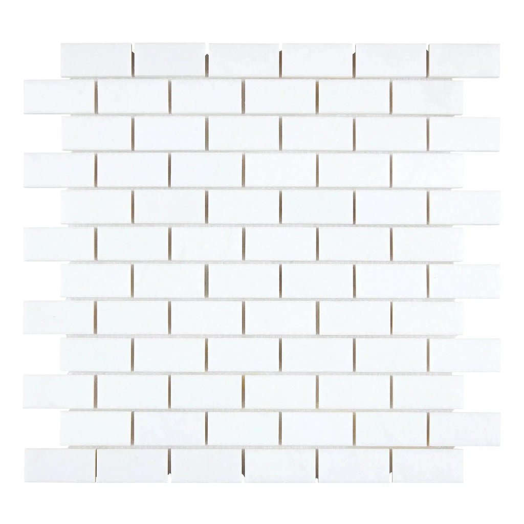 Thassos White 1X2 Brick Mosaic Marble Polished or Honed featuring white subway tile