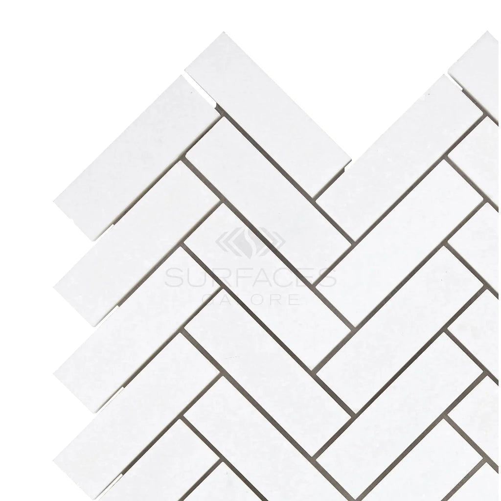 Thassos White 1X3 Herringbone Mosaic Marble Polished or Honed tile pattern