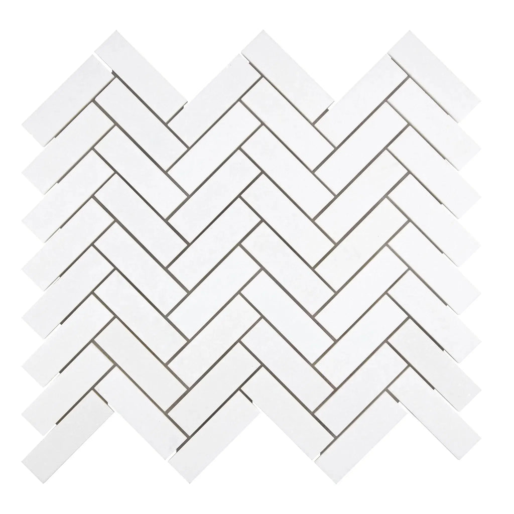 Thassos White 1X3 Herringbone Mosaic Marble in a polished and honed finish