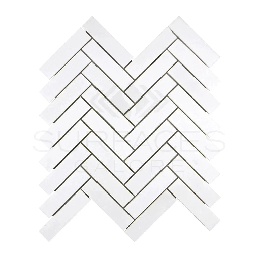 Thassos White 1X4 Herringbone Mosaic Marble Tile Pattern in White Polished Finish