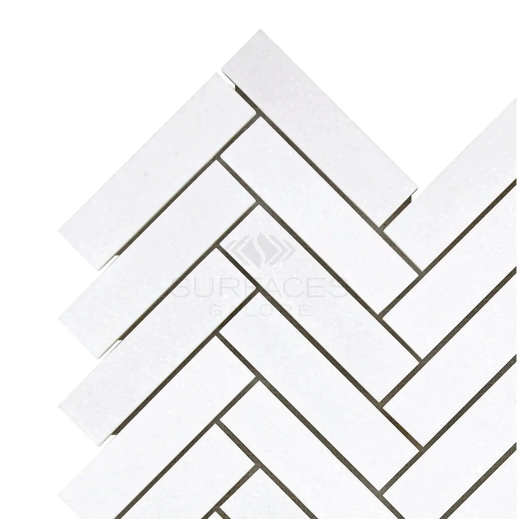 Thassos White 1x4 Herringbone Mosaic Marble Tile in Polished or Honed Finish