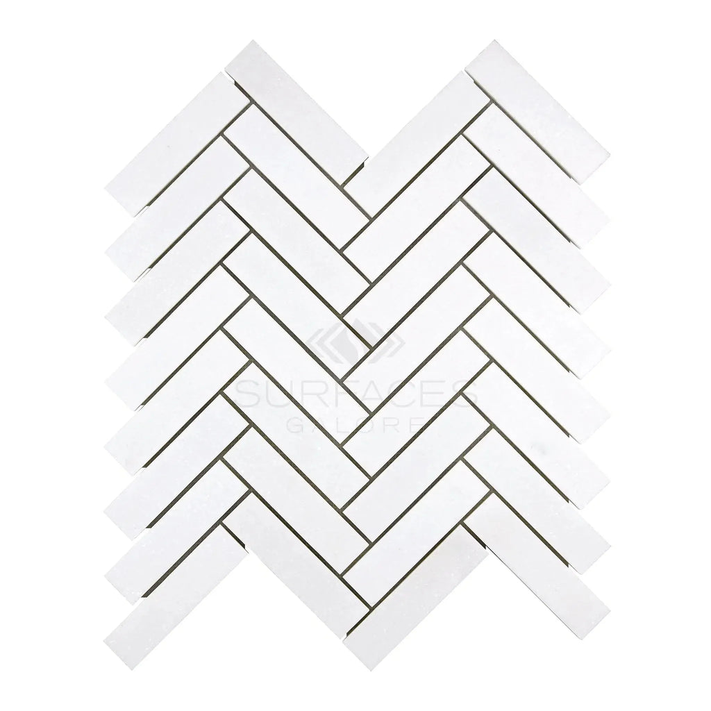 Thassos White 1X4 Herringbone Mosaic Marble Polished tile pattern in white