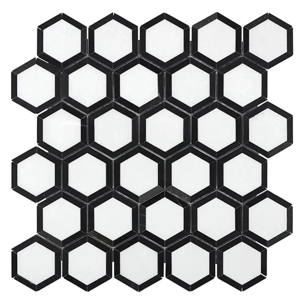 Black and white hexagon tile mosaic in Thassos White 2 inch Vortex design