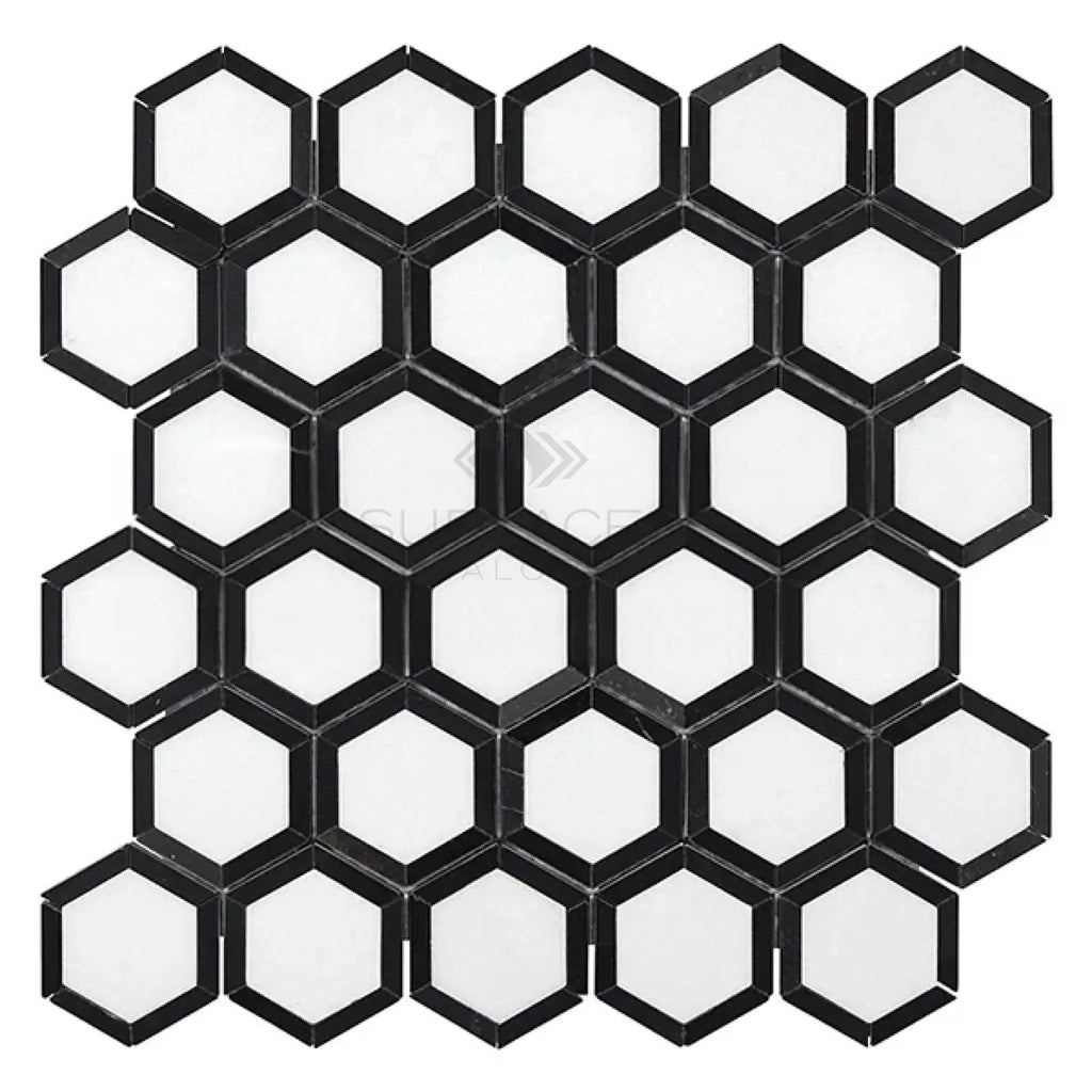 Hexagonal black and white mosaic tile sheet from Thassos White 2 Vortex Hexagon Marble