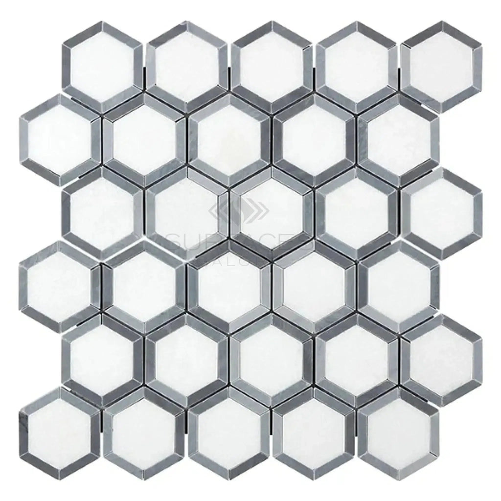 Thassos White 2 inch Vortex Hexagon Mosaic Marble in white and gray tones