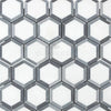 Hexagonal white and silver tile pattern of Thassos White 2 inch Vortex Hexagon Mosaic