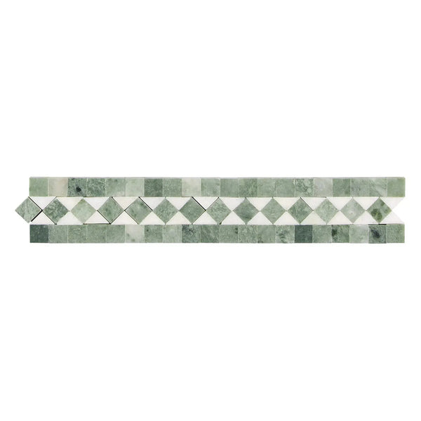 Decorative mosaic tile border featuring Thassos White and Ming-Green marble design