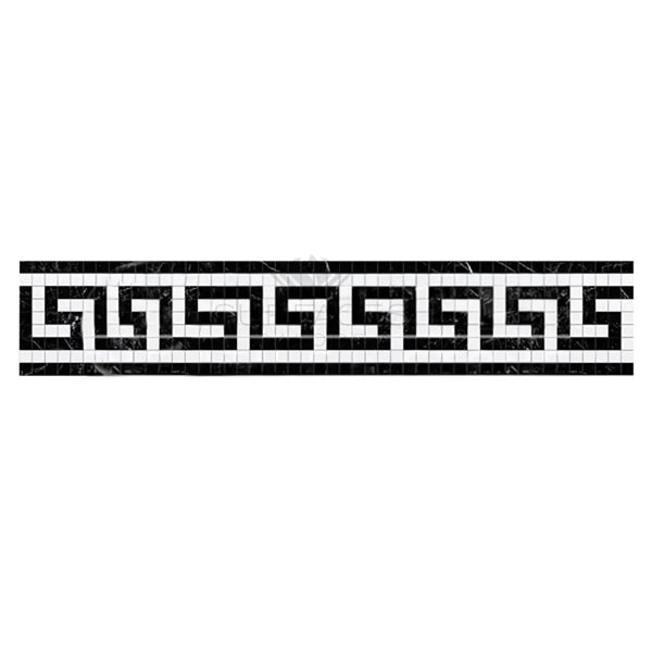 Black and white Greek key mosaic border in Thassos White 3.5X7 marble tile design