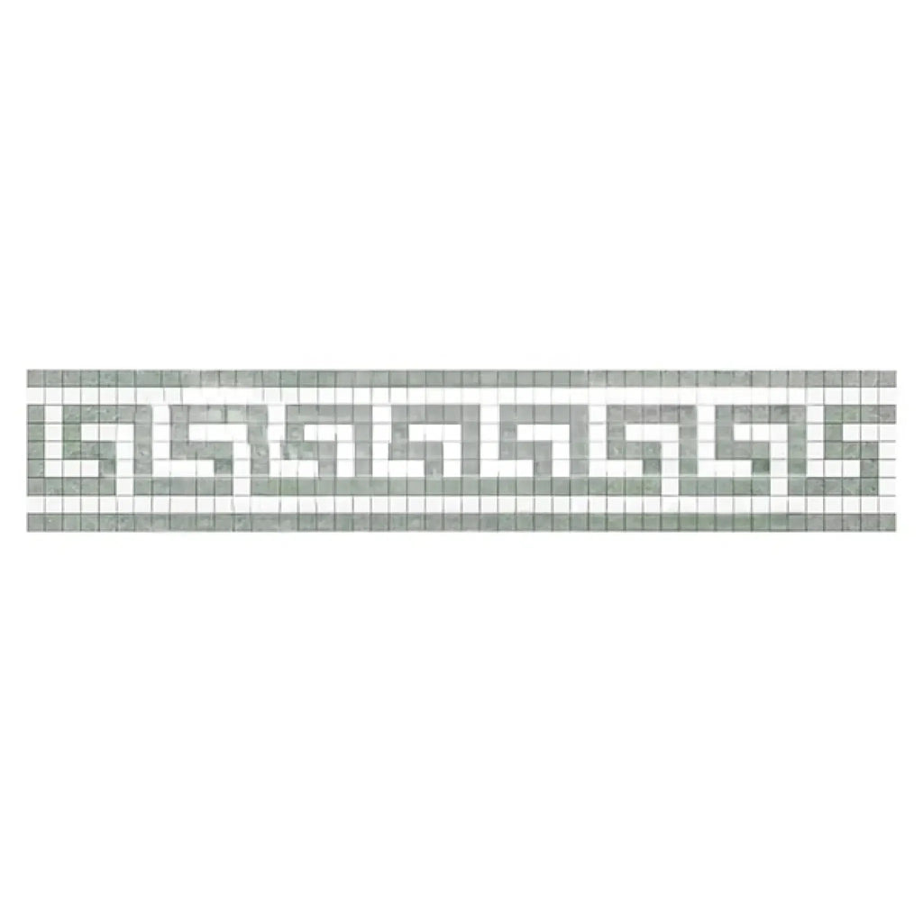 Gray and white mosaic Greek key border in Thassos White marble with Ming Green accents