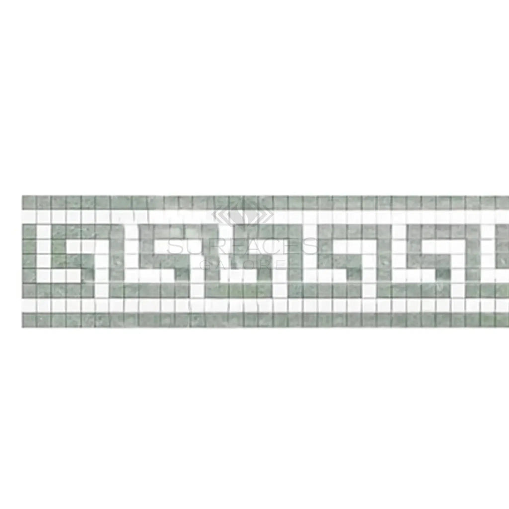 Mosaic tile border featuring Greek key pattern in Thassos White and Ming Green marble