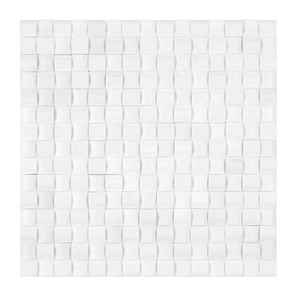 White textured mosaic tile in Thassos White 3-D Small-Bread Mosaic Marble finish