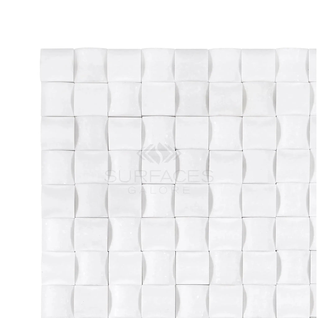 Thassos White 3-D Small-Bread Mosaic Marble polished texture in white square tiles