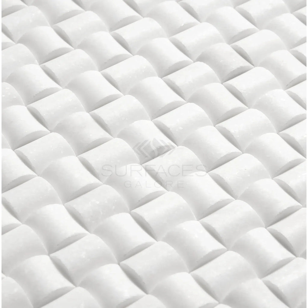 White textured tile pattern of Thassos White 3-D Small-Bread Mosaic Marble