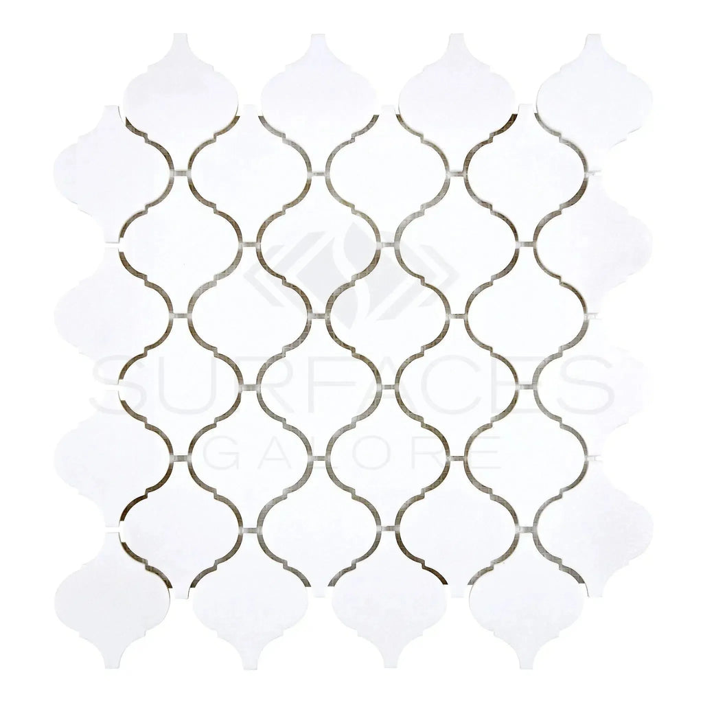 White Arabesque mosaic tile sheet from Thassos White 3 inch Lantern Mosaic collection