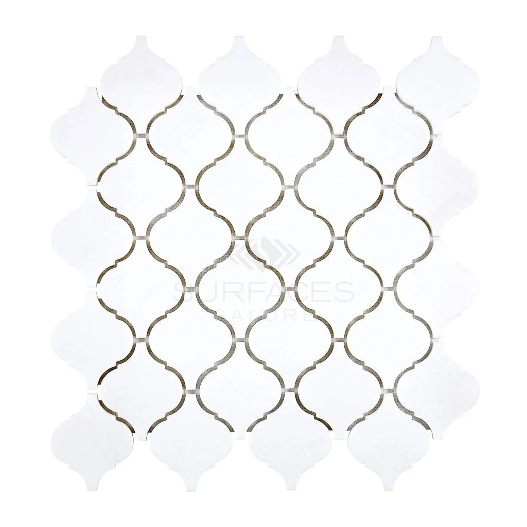 Thassos White 3 inch Lantern Mosaic in elegant arabesque design showcases polished marble