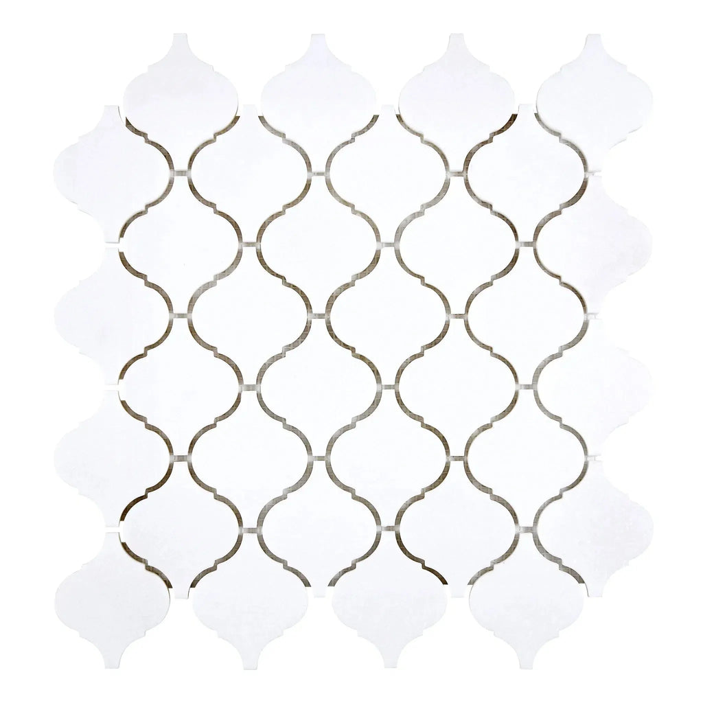 Thassos White 3 inch Lantern Mosaic showcasing elegant white arabesque marble tile