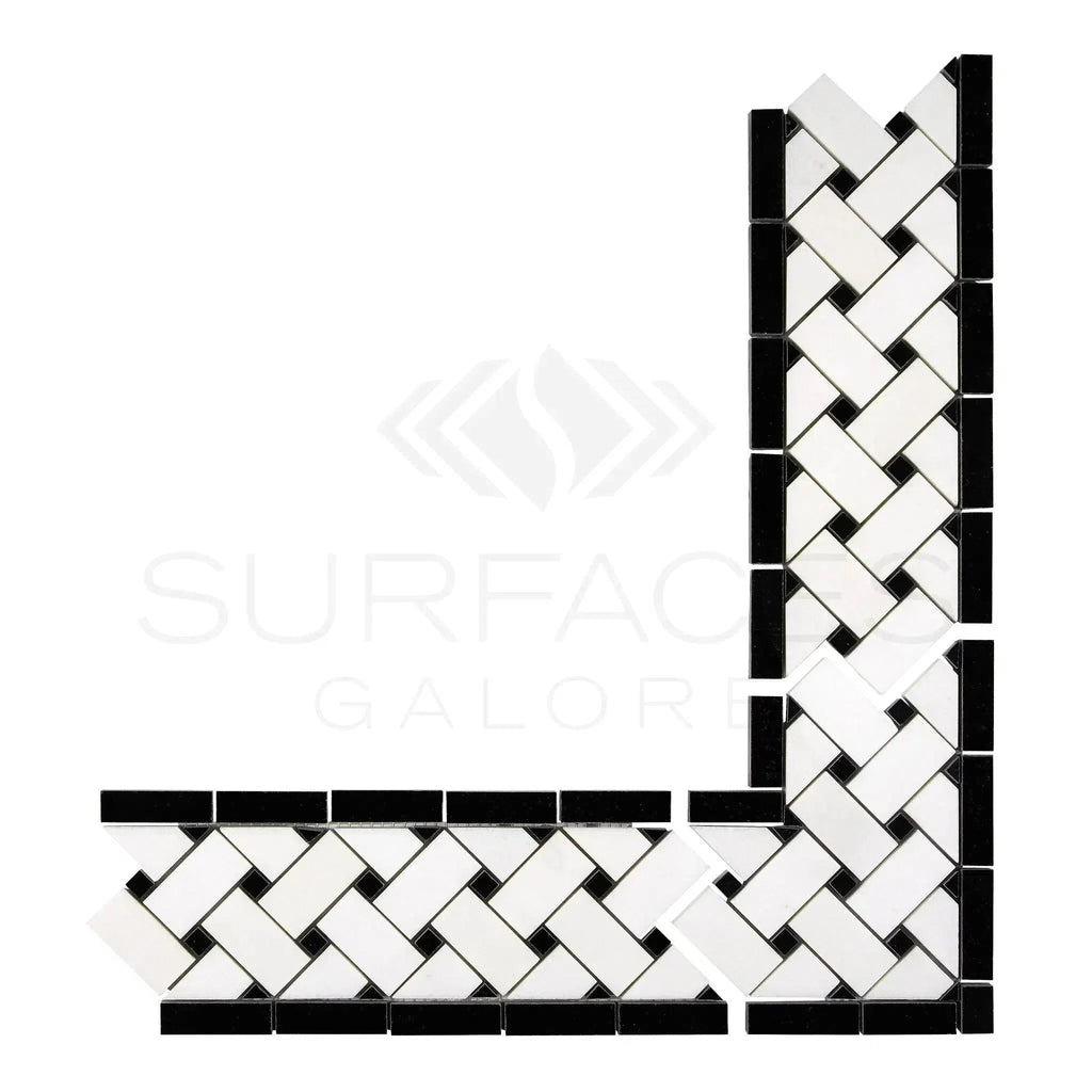 Black and white herringbone tile border in Thassos White 4 3/4X12 marble polished or honed