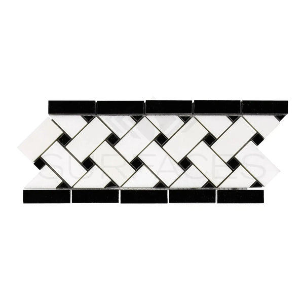 Black and white mosaic tile border in Thassos White 4 3/4X12 Basketweave Marble