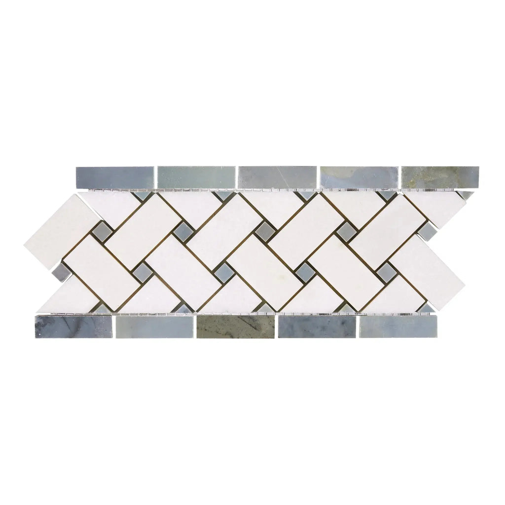 Decorative mosaic tile border featuring Thassos White and Blue-Gray marble design