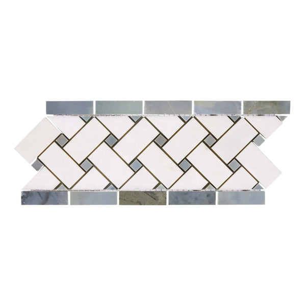 Decorative mosaic tile border featuring Thassos White and Blue-Gray marble design