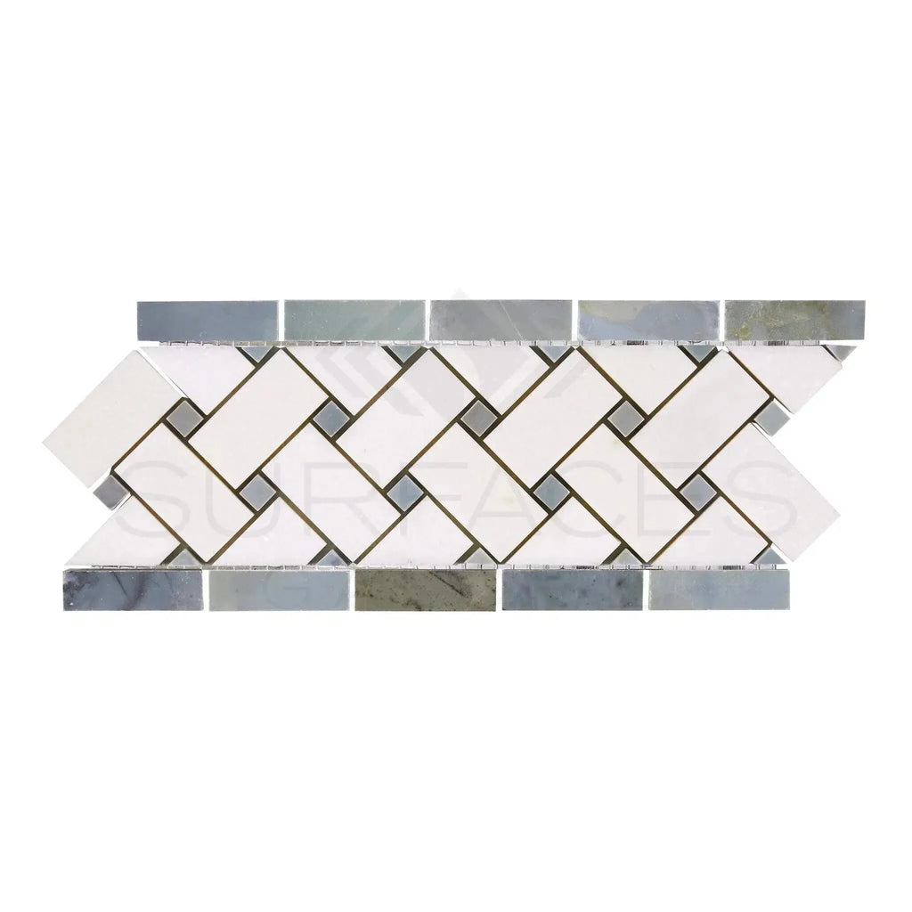 Decorative mosaic tile border of Thassos White and Blue-Gray polished marble