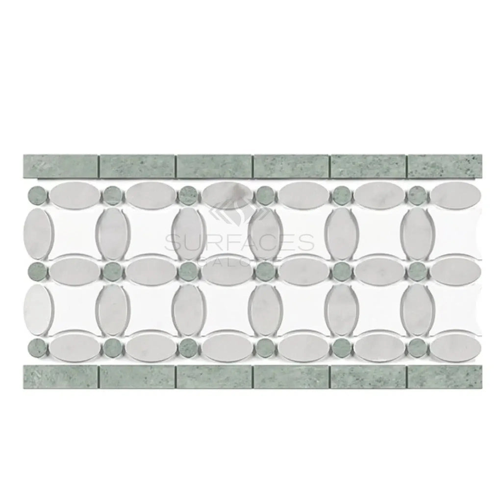 Decorative mosaic tile featuring Thassos White, Carrara, and Ming Green in elegant design