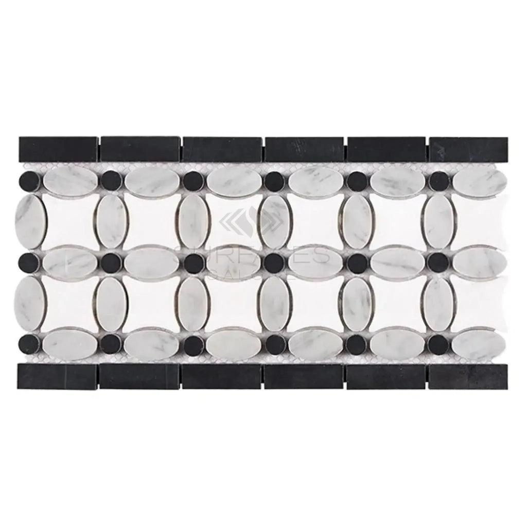 Decorative marble mosaic tile featuring Thassos White and Black dots floral design