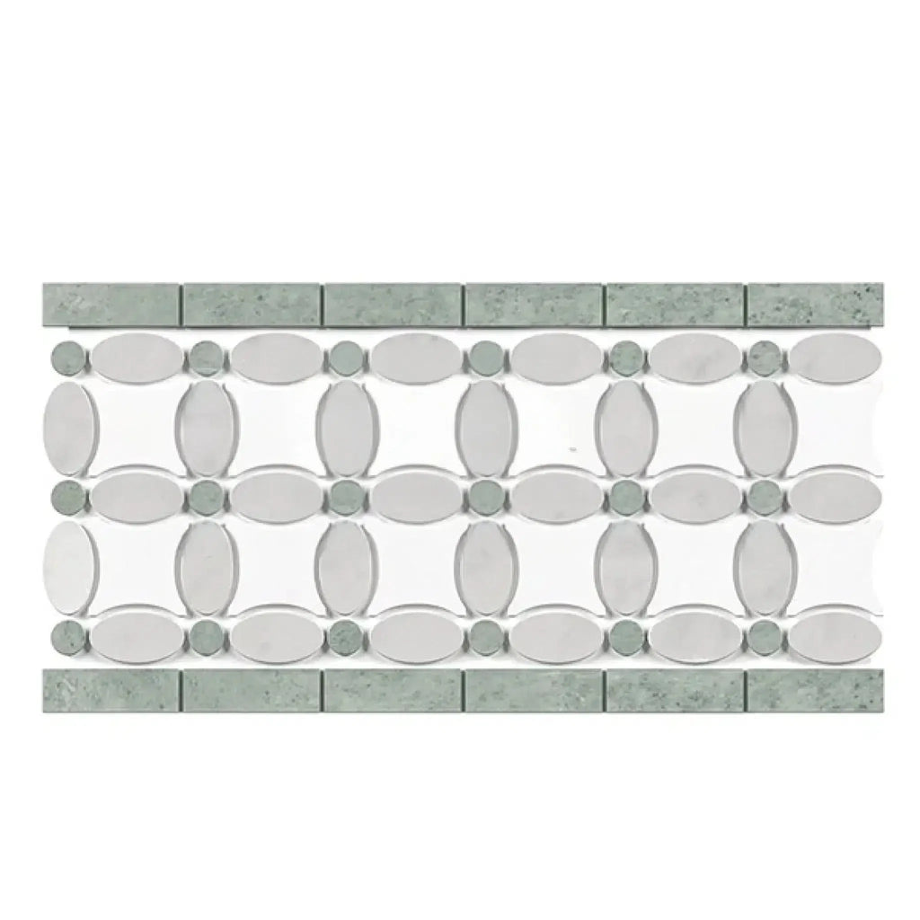 Decorative tile border featuring Thassos White and Ming Green polished marble design