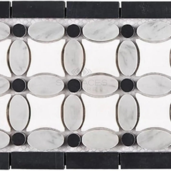 Black, white, and gray mosaic tile border of Thassos White Florida Flower Border design