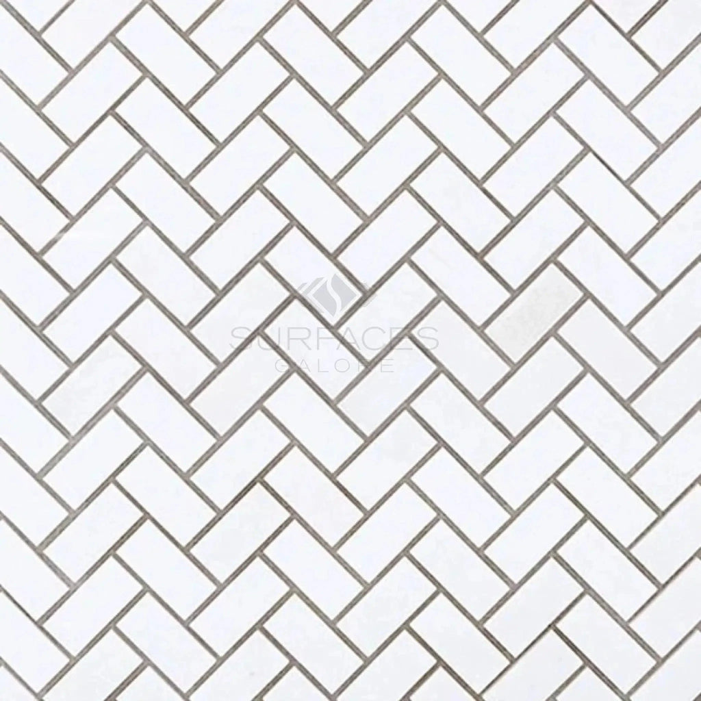 Thassos White 5/8X1 1/4 Herringbone Mini Mosaic Marble Polished Tile Pattern