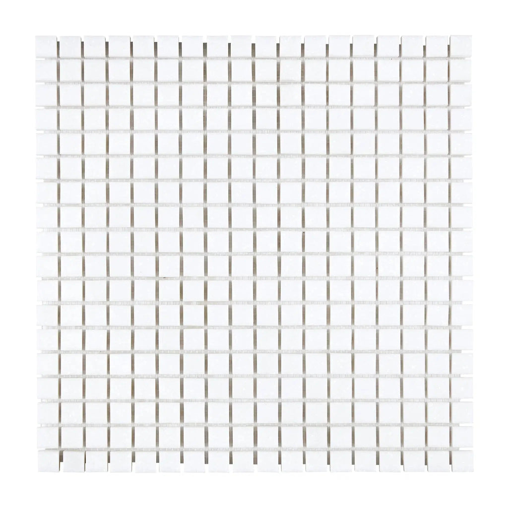 Thassos White 5/8X5/8 Mosaic Marble Polished or Honed featuring white square tiles