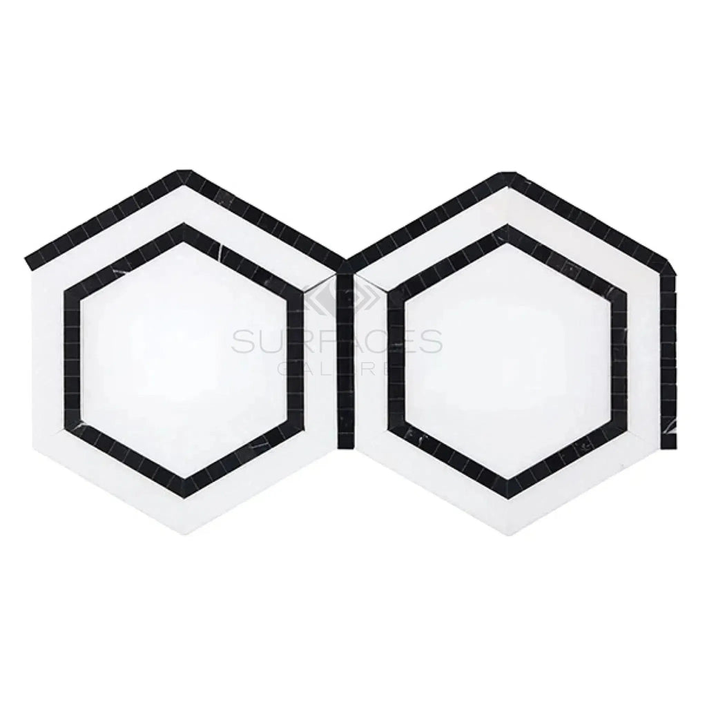 Thassos White 5-inch Hexagon Combination with Black Mosaic Marble tiles displayed