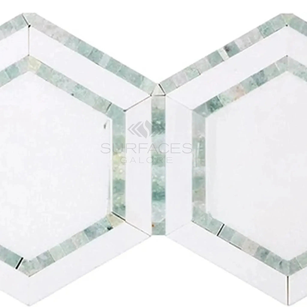 Geometric mosaic tile pattern of Thassos White and Ming Green marble for elegant decor