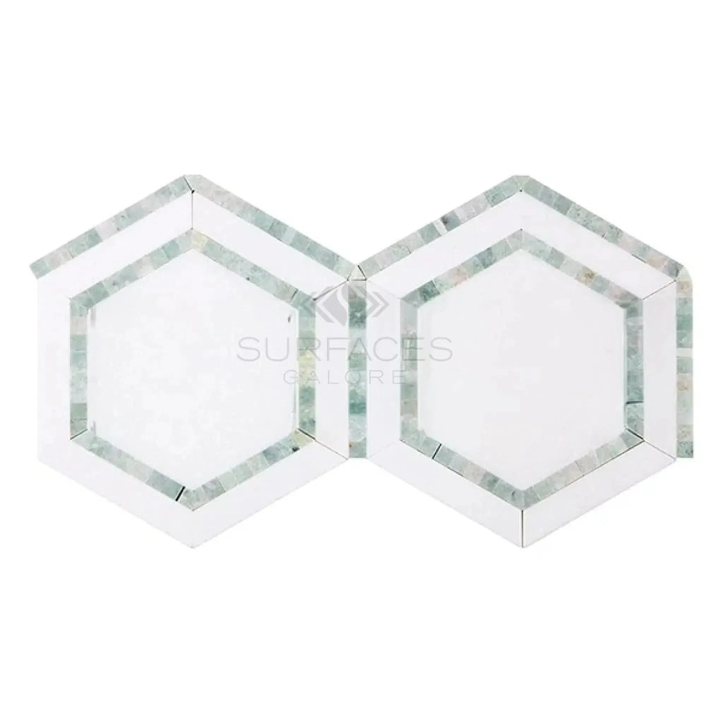 Thassos White 5-Inch Hexagon Combination with Ming-Green Mosaic Marble Tiles