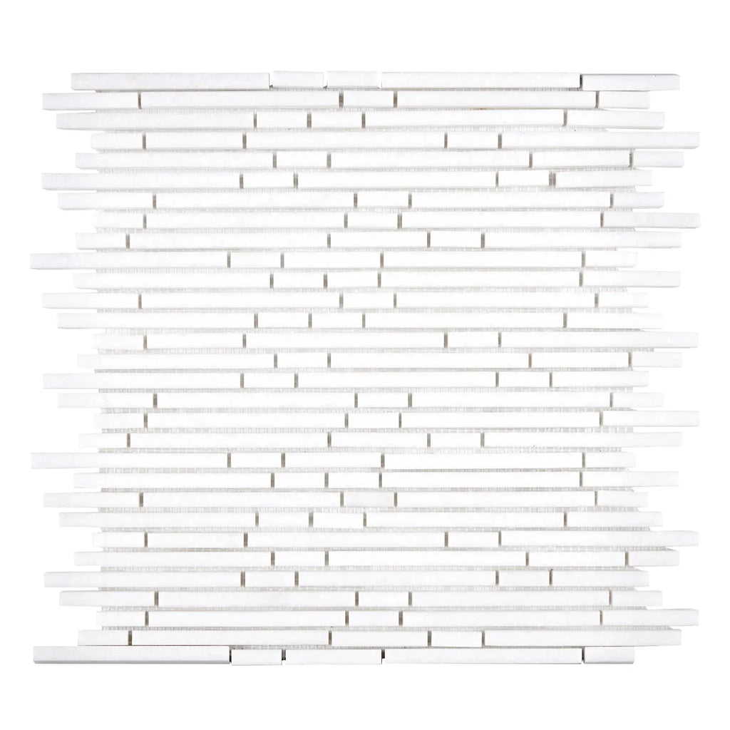 White mosaic tile sheet showcasing Thassos White Bamboo Sticks polished marble