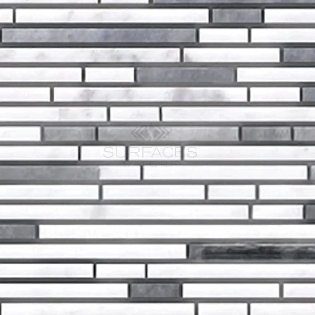 Gray and white mosaic tile pattern in Thassos White Bamboo Sticks marble product