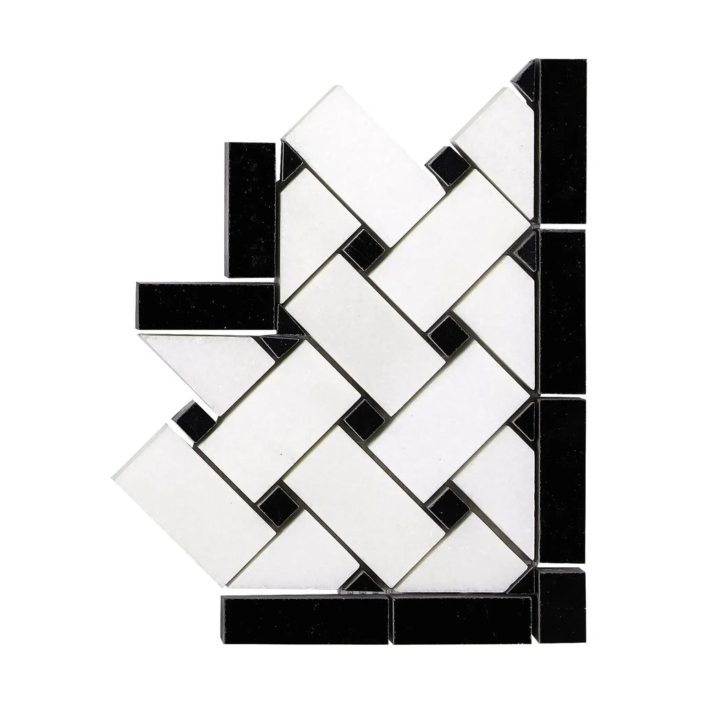 Black and white mosaic tile pattern in Thassos White Basketweave Border CORNER Marble