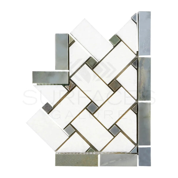 Herringbone mosaic tile in Thassos White Basketweave Border with Blue-Gray marble finish