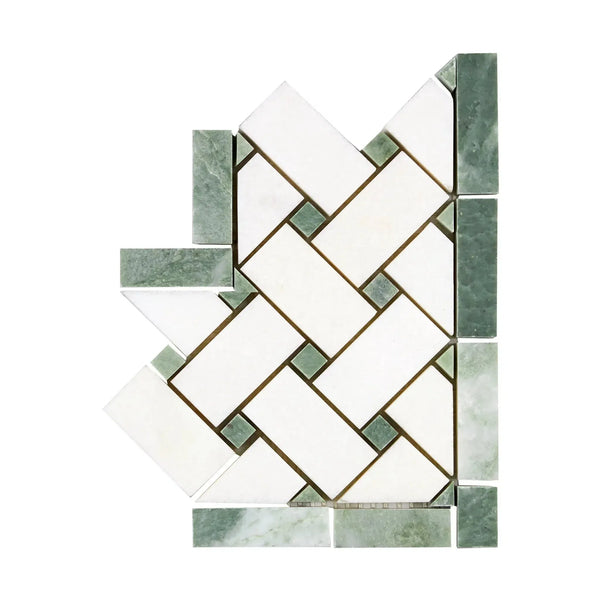 Thassos White Basketweave Border Corner Mosaic Tile Design with Ming-Green Accents