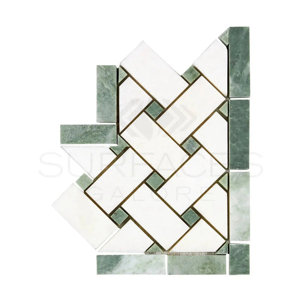 Herringbone mosaic tile in Thassos White with Ming-Green marble polished or honed finish