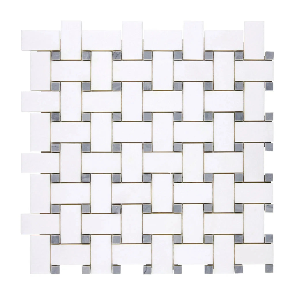 Woven white and gray tile mosaic in Thassos White Basketweave Marble