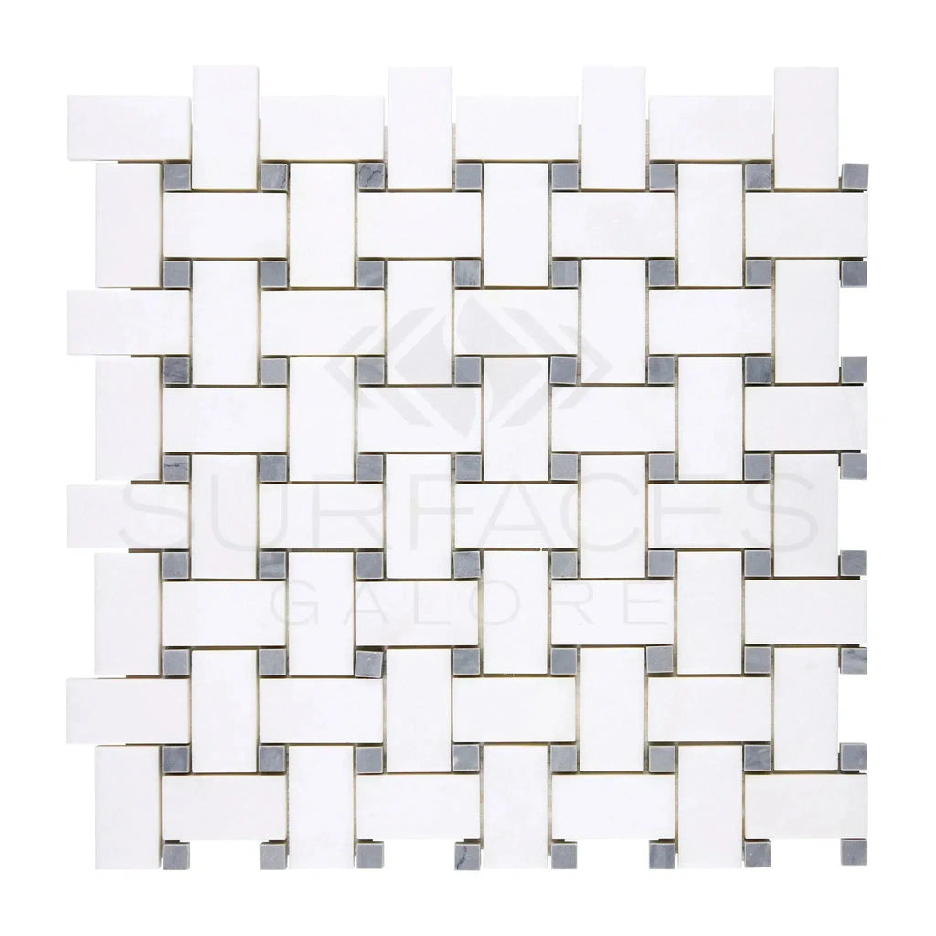 Woven white and gray tile pattern of Thassos White Basketweave Mosaic Marble