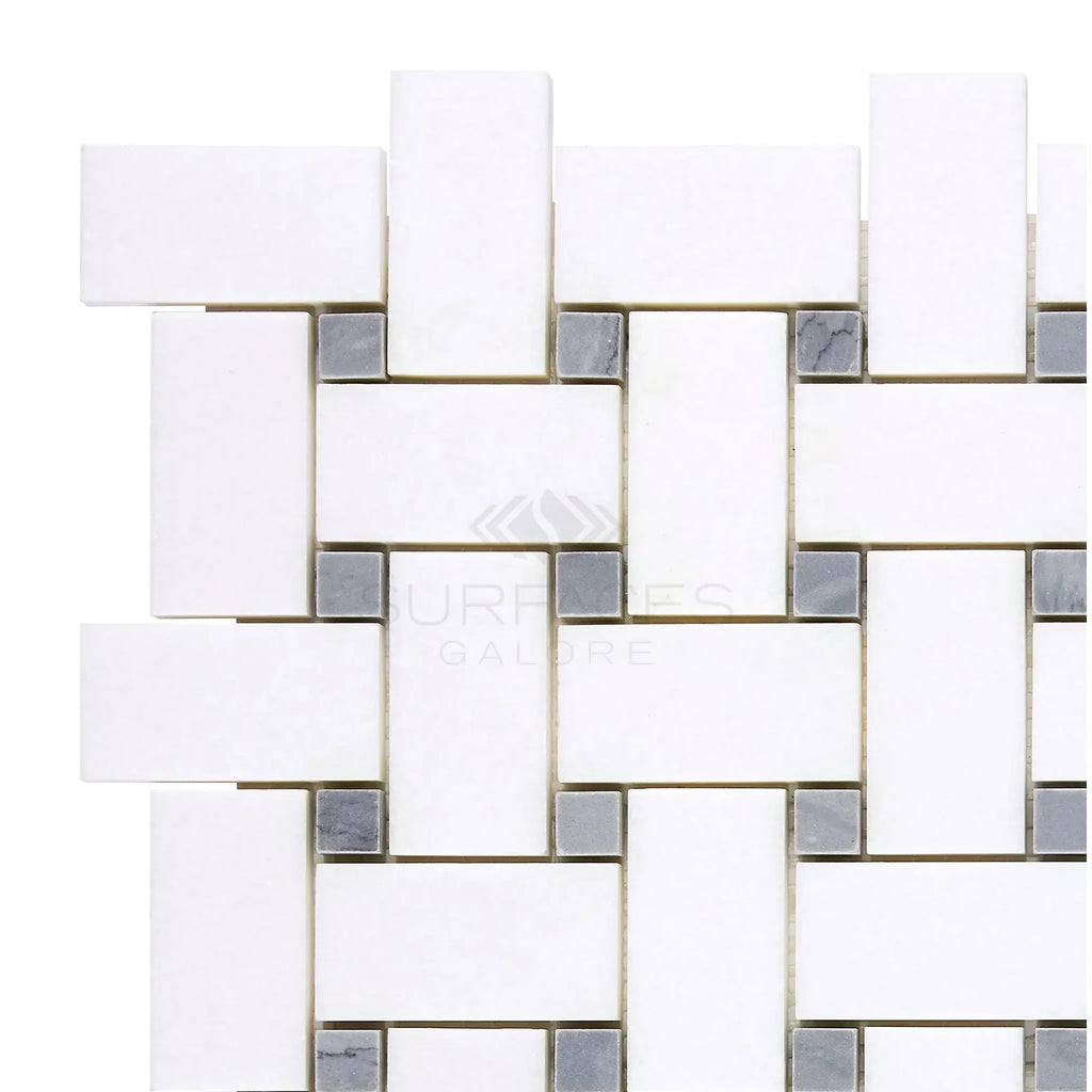 White and gray basketweave mosaic tile in Thassos White Basketweave Mosaic Marble