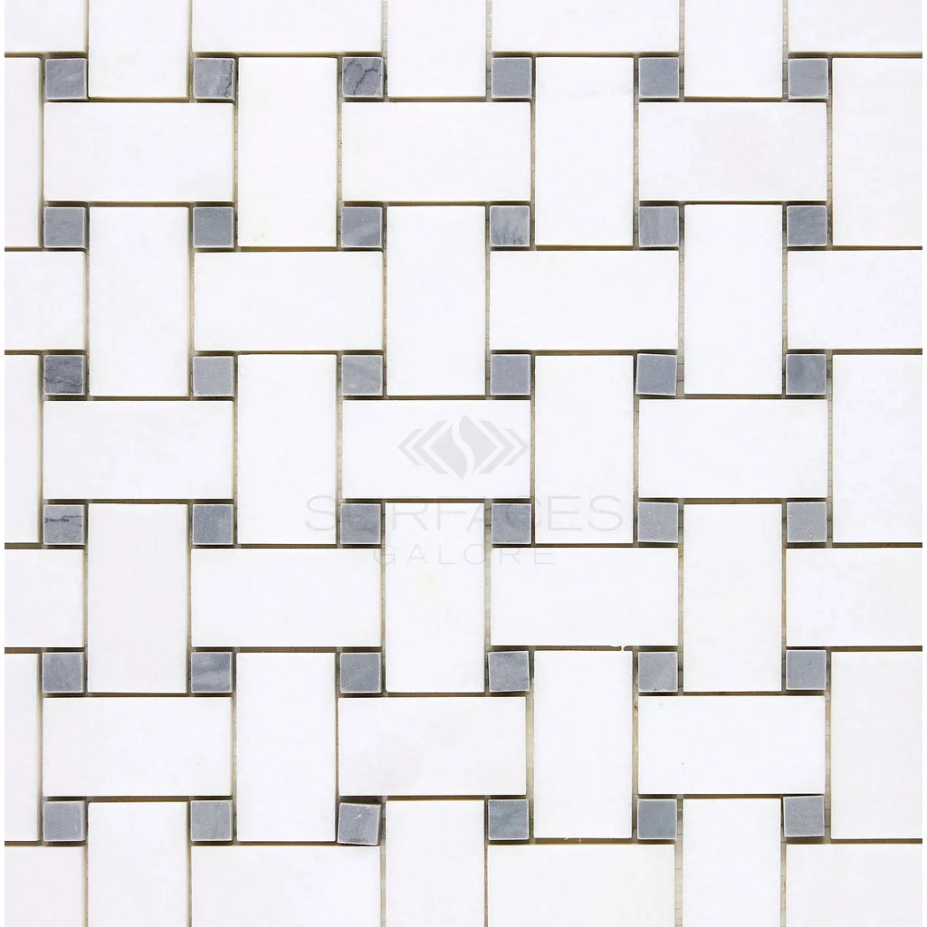 White and gray basketweave tile pattern of Thassos White Mosaic Marble