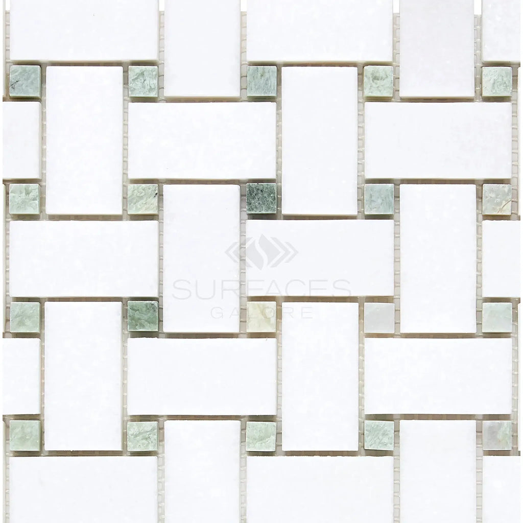 White and green mosaic tile pattern of Thassos White Basketweave Marble