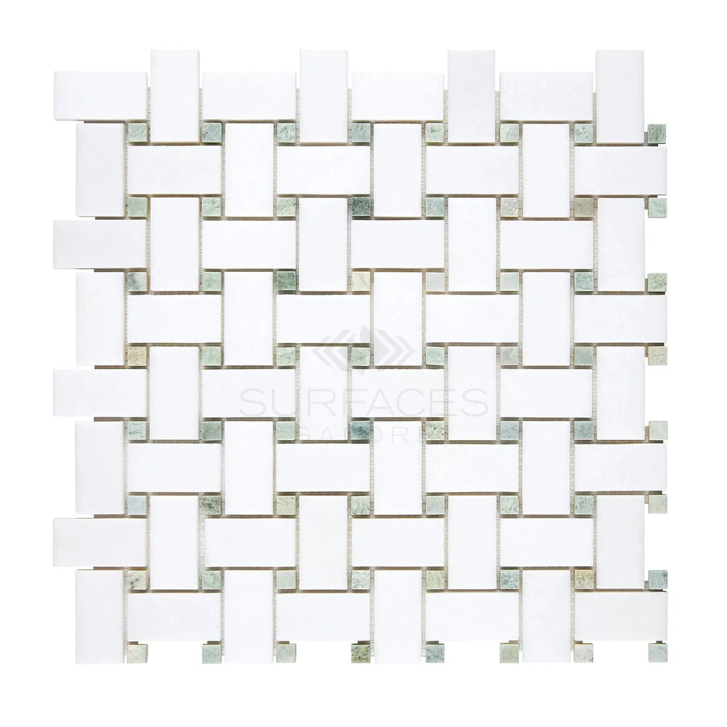 Thassos White Basketweave Mosaic with Ming Green Marble in polished or honed finish